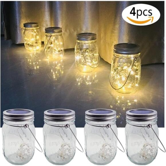 Solar Mason Jar Lights, 4 Pack 30 LEDs Waterproof Fairy Firefly String Lights - Picture 2 of 8